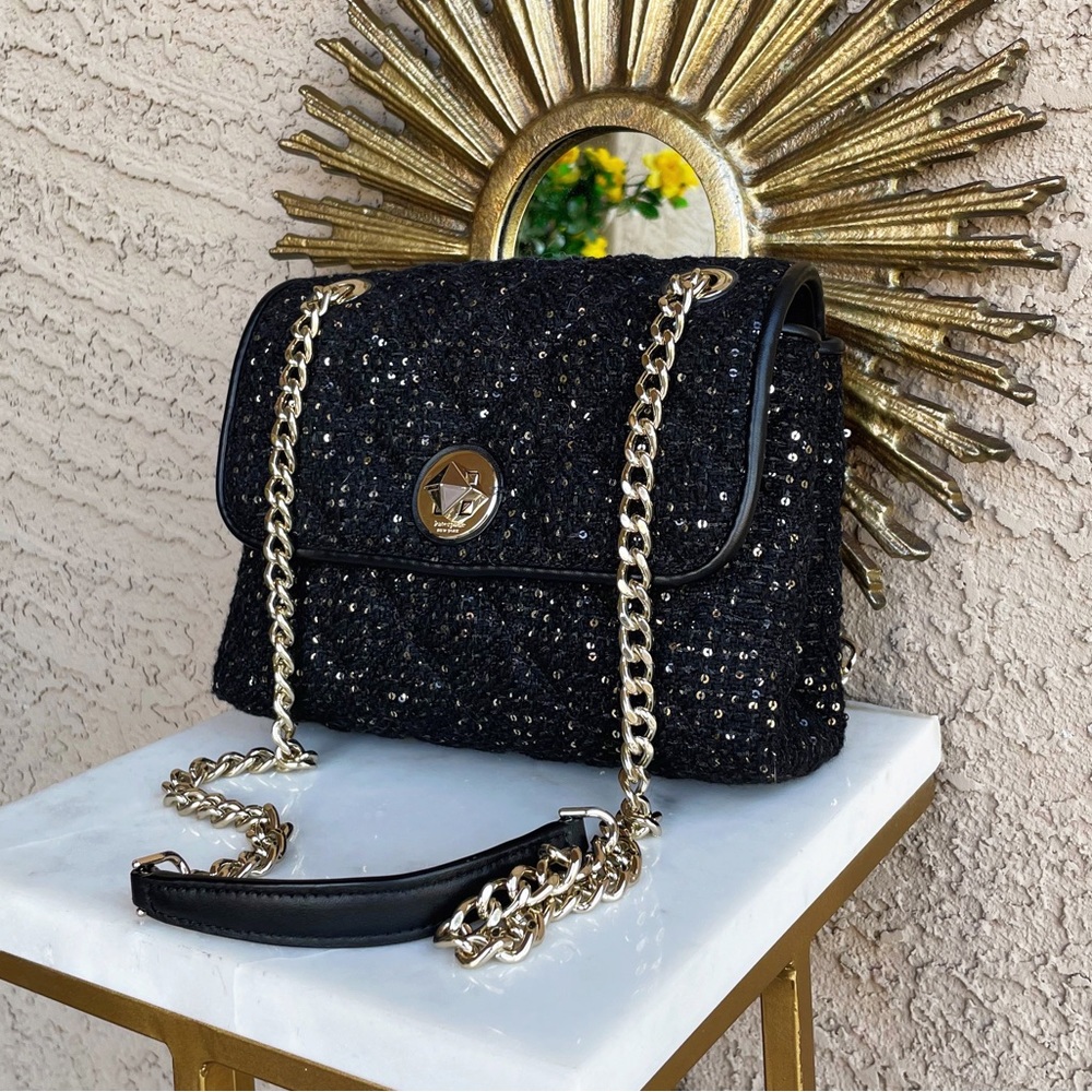 KATE SPADE Black & Gold Quilted Sequin Flap Chain Crossbody Shoulder Bag Purse